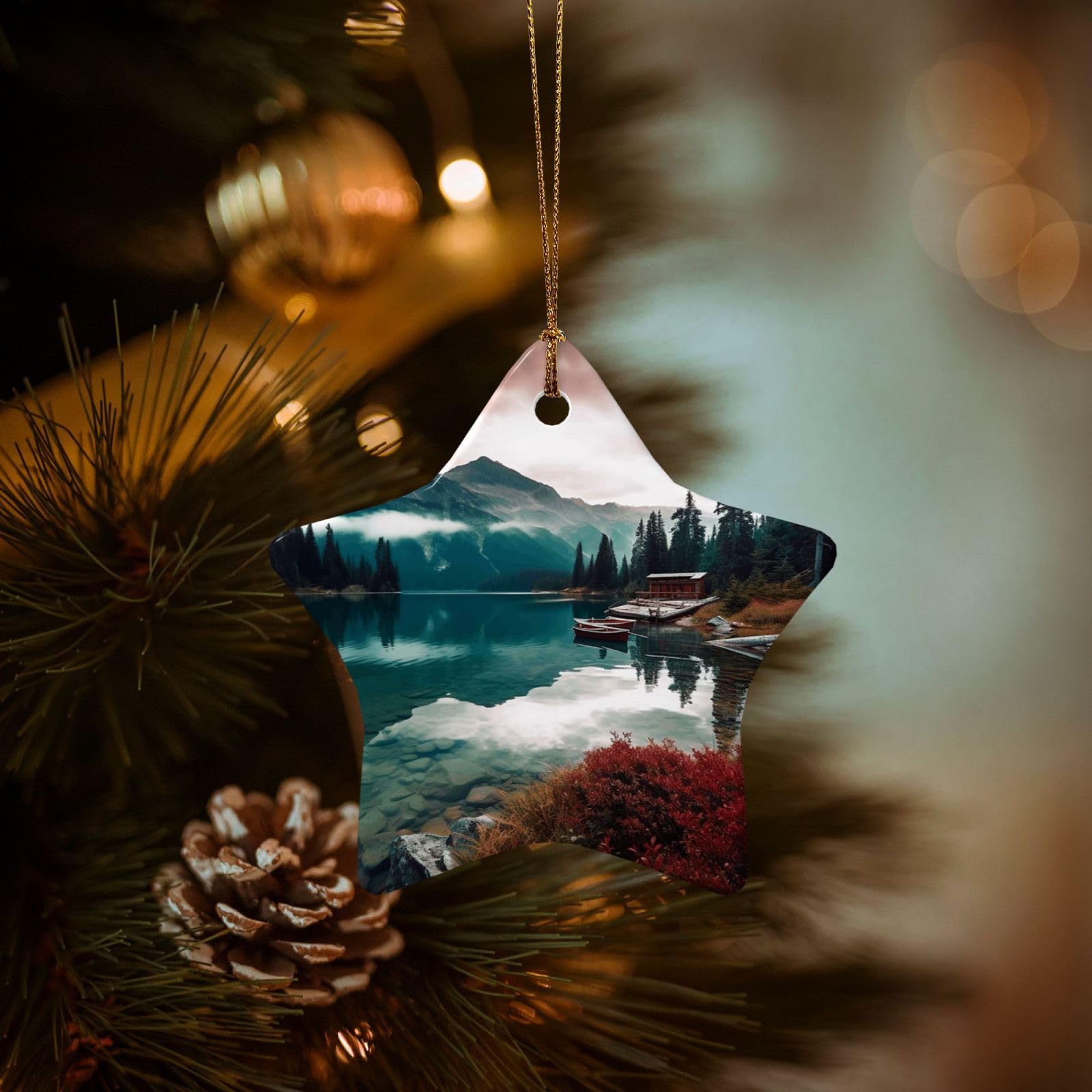 Christmas Tree Ornaments Ceramics Christmas Decorations Scenic Lake Ornaments with Gold Ribbon Porcelain Xmas Tree Crafts Star Shape Hanging Pendant for Christmas Tree Party Decor