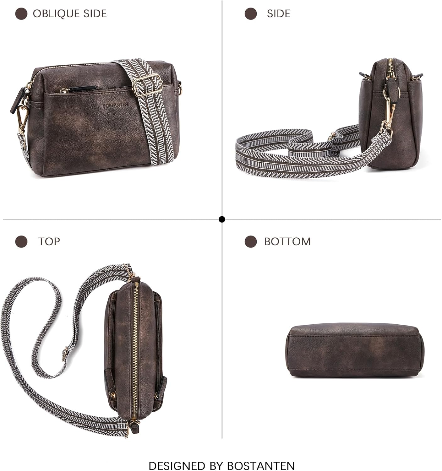 BOSTANTEN Small Crossbody Purse for Women Triple Zip Cell Phone Leather Handbag with Colored Shoulder Strap - Image 7