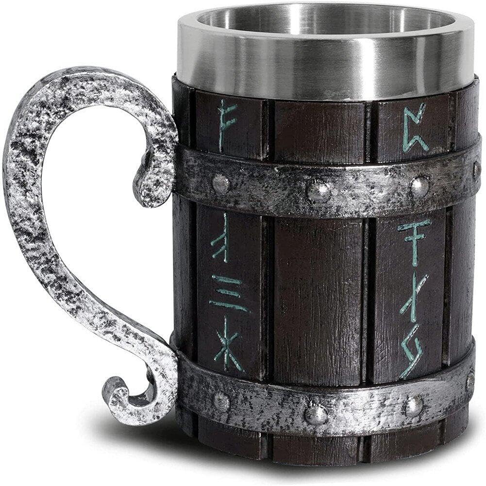 Tasse de bière Viking vintage grand format avec doublure inox et aspect fût de chêne