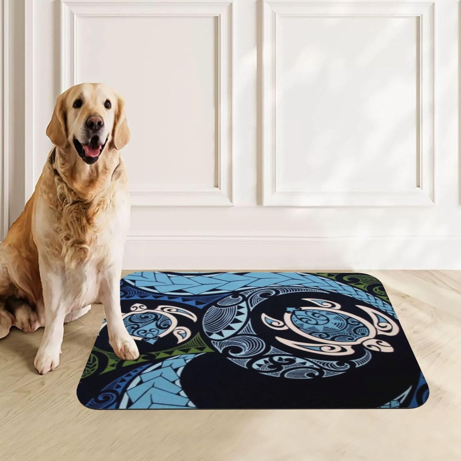 Ocean Blue Tribal Hawaiian Sea Turtle Pet Feeding Mat-Absorbent Quick Dry Pet Cat Dog Food Mat Non Slip Waterproof Rubber Dish Placemat