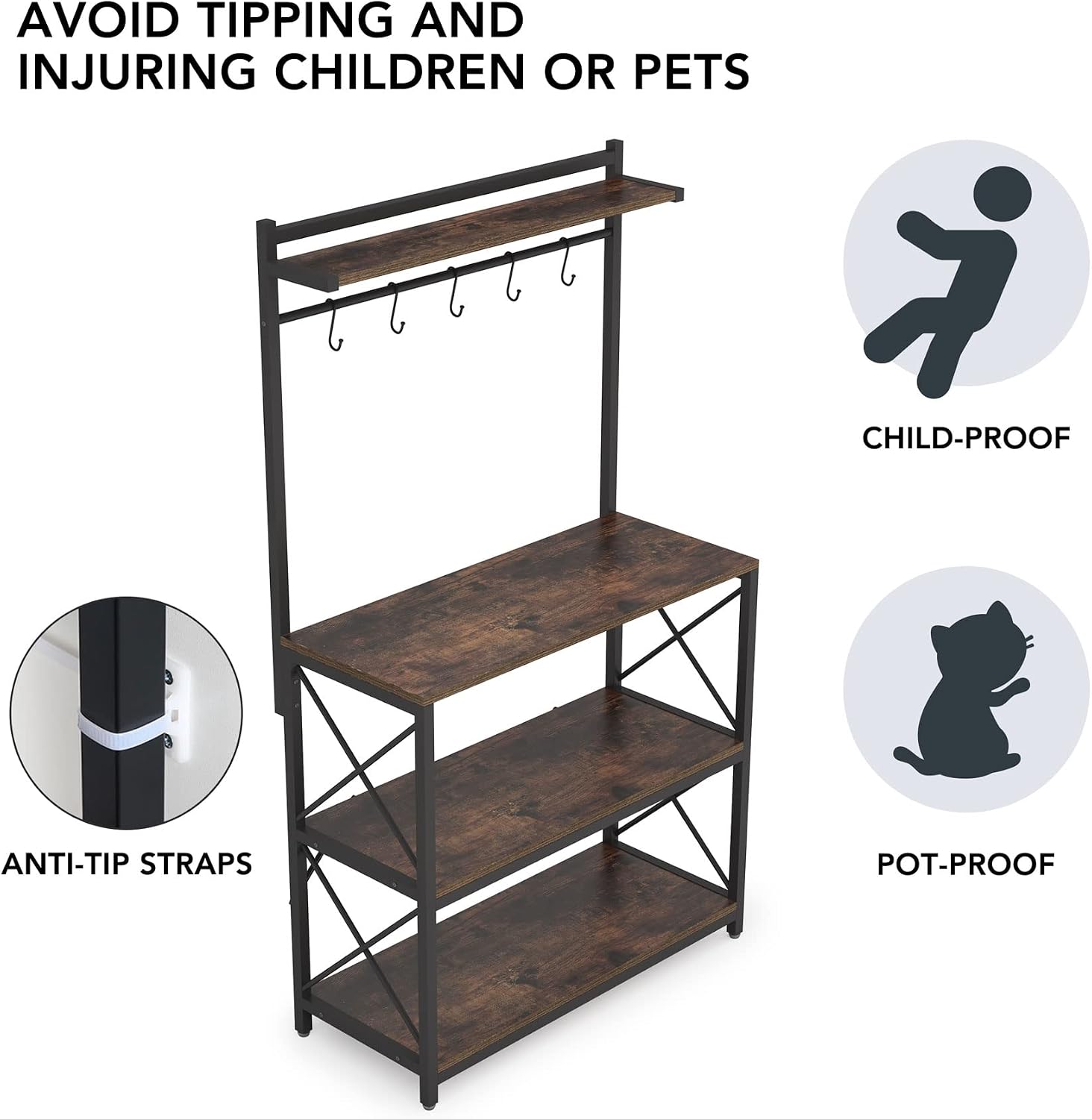 Tribesigns Industrial Kitchen Baker’s Rack, 4-Tier Utility Storage Shelf, Microwave Oven Stand Rack with 5 Hooks, Floor Standing Spice Rack Organizer Workstation, Brown