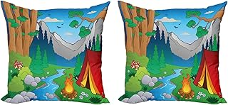 Lunarable Camping Throw Pillow Cushion Cover Pack of 2, Colorful Forest with Spring Season Foliage and River Picturesque Nature Cartoon, Zippered Double-Side Digital Print Decor, 18", Multicolor