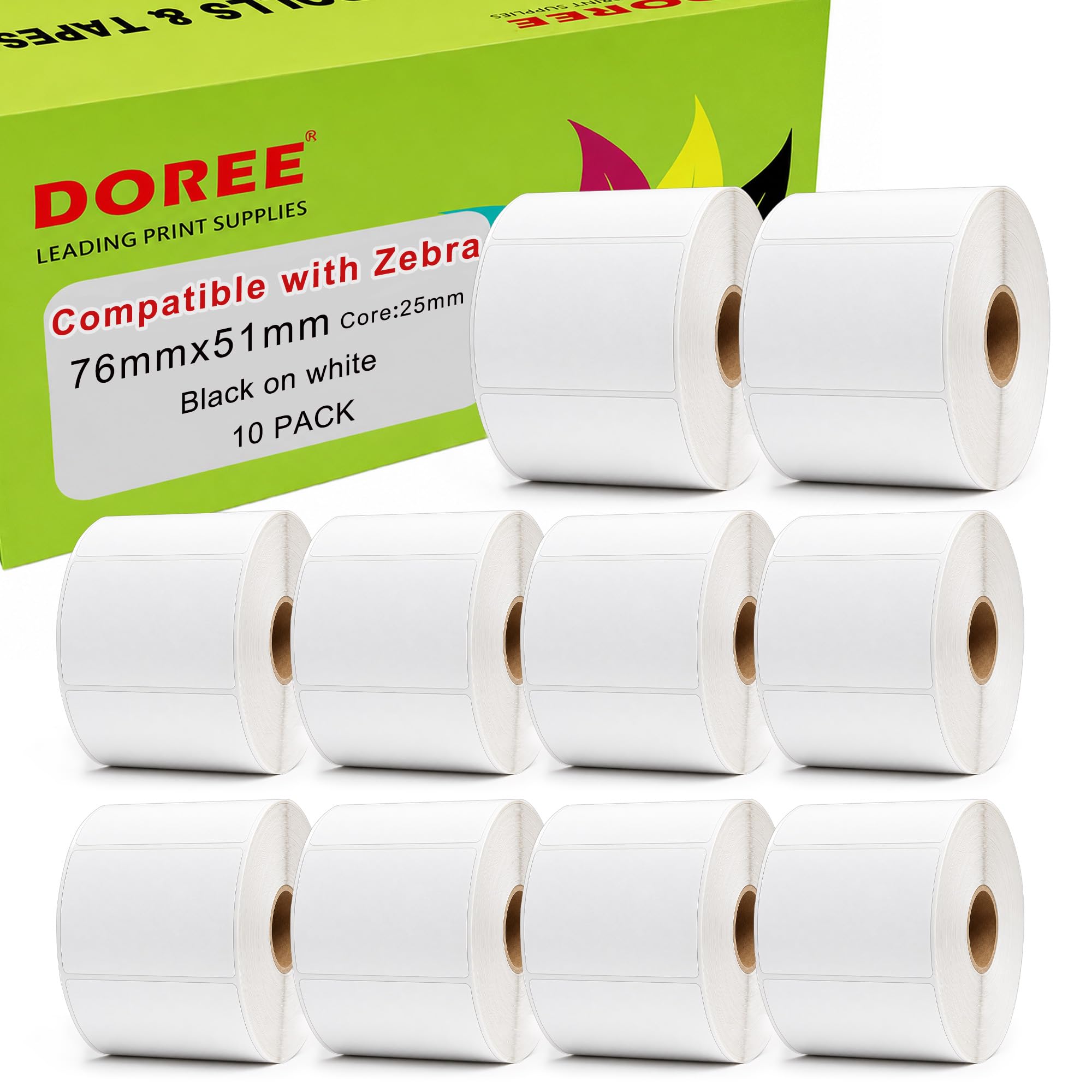 DOREE 10 rotoli etichette termiche 76×51mm, 1370 pz/rotolo, nucleo Ø25mm | Etichette termiche resistenti 76×51 mm nero su bianco, compatibili con Zebra ZD220, ZD421 e altri modelli