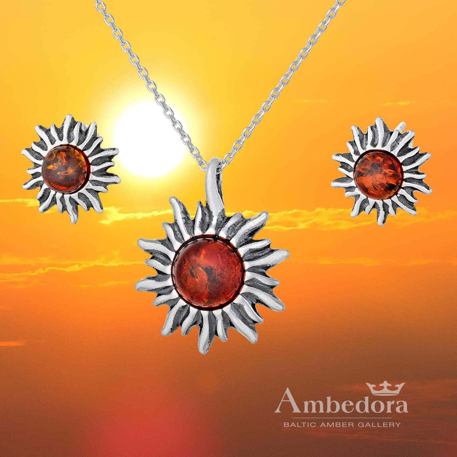 Set da donna in argento Sterling 925 con ciondolo a forma di piccolo sole (collana e orecchini), argento ossidato, ambra baltica in cognac, ciondolo con catenina e orecchini, set pronto per un regalo