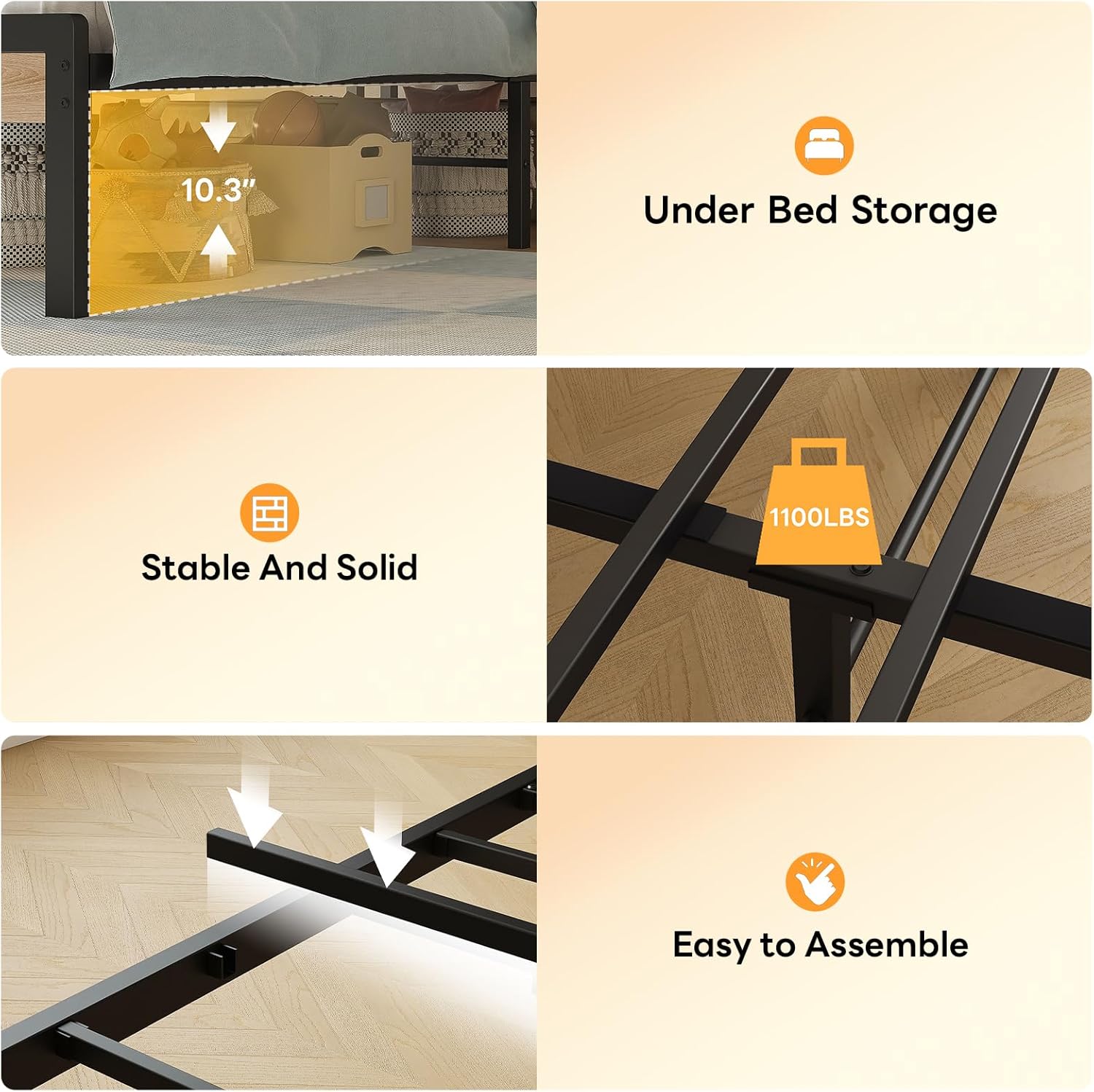 LIKIMIO Twin Bed Frame with Storage Headboard & LED Lights, Metal Platform Bed with Charging Station, Noise Free, No Box Spring Needed, Under Bed Storage, Natural and Cream