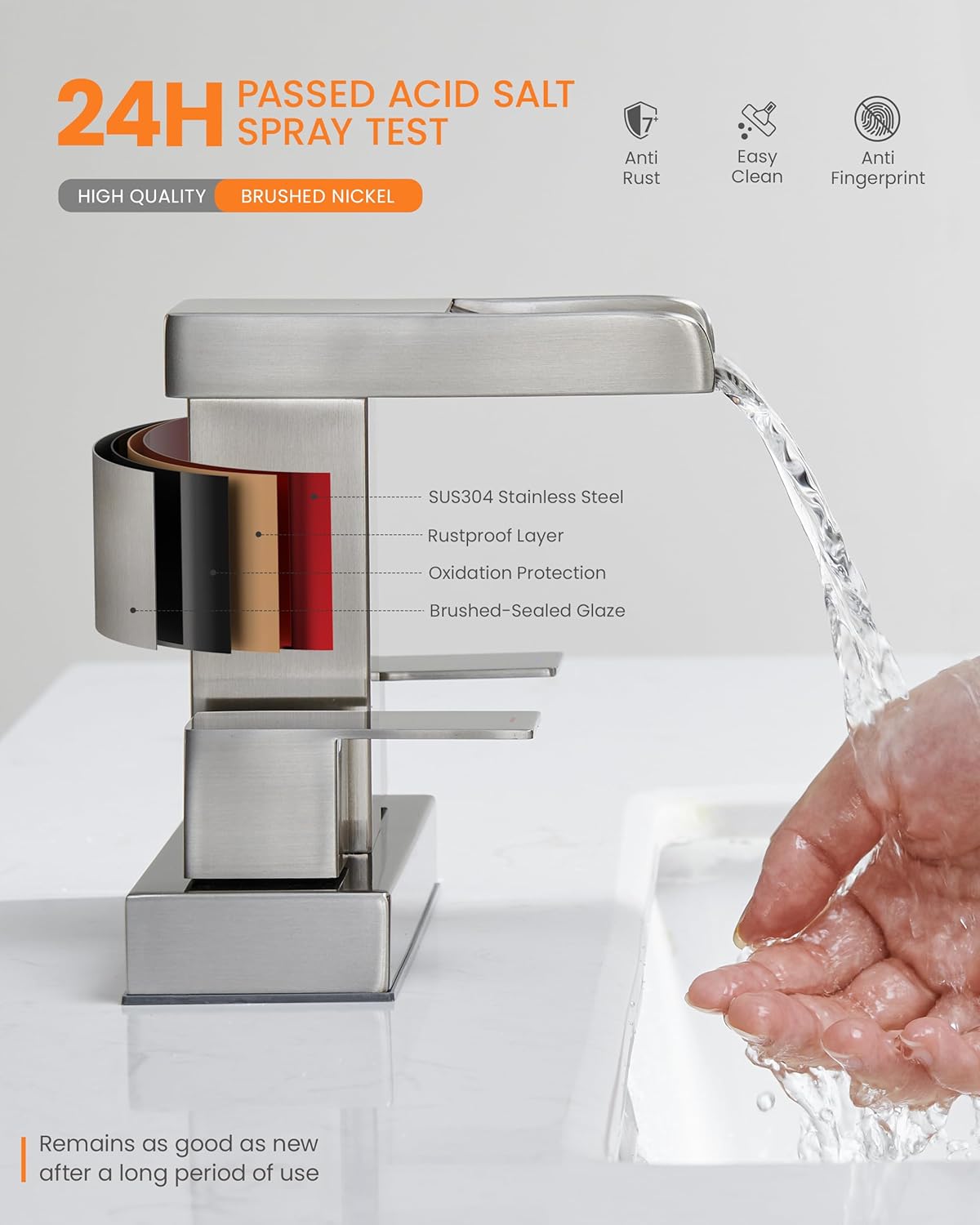 Waterfall Bathroom Faucet for Sink 3 Hole, 4 inch, Brushed Nickel Waterfall Sink Faucets with Pop-up Drain and 2 Supply Hoses, Stainless Steel 2-Handle Centerset Faucet for Sink Vanity, T-6008BN