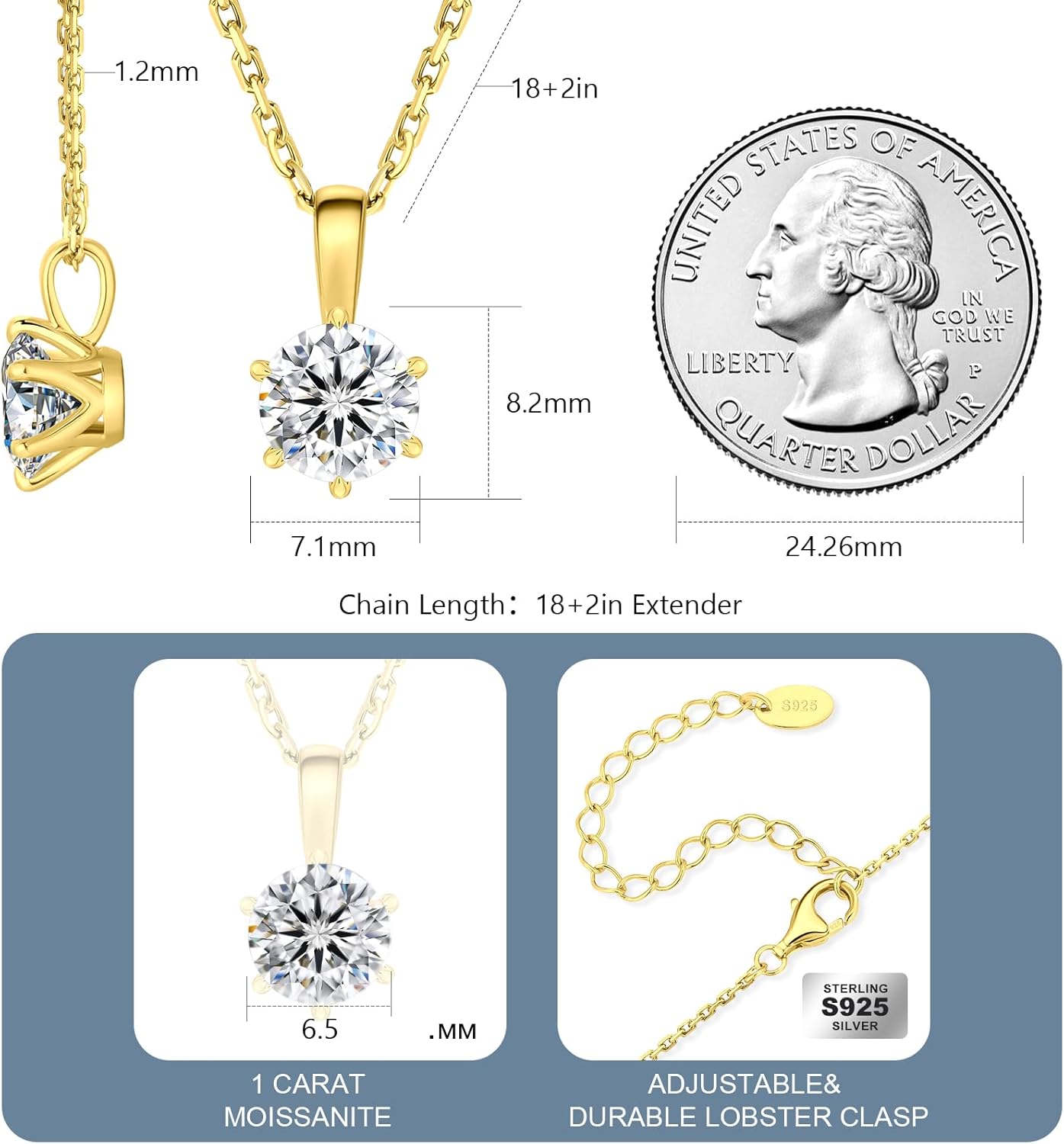 KRKC Moissanite Pendant Solitaire Necklace for Women, 0.5CT/1CT/2CT/3CT/4CT Lab Created Diamond Pendant, 6-Prong, VVS1 Clarity D Color, Adjustable S925 Sterling Silver Chain, 14K White Gold Plated, Anniversary Romantic Gift for Her, Birthday Gifts for Wife Girlfriend Mom Daughter, Mother's Day Valentines Christmas Gift