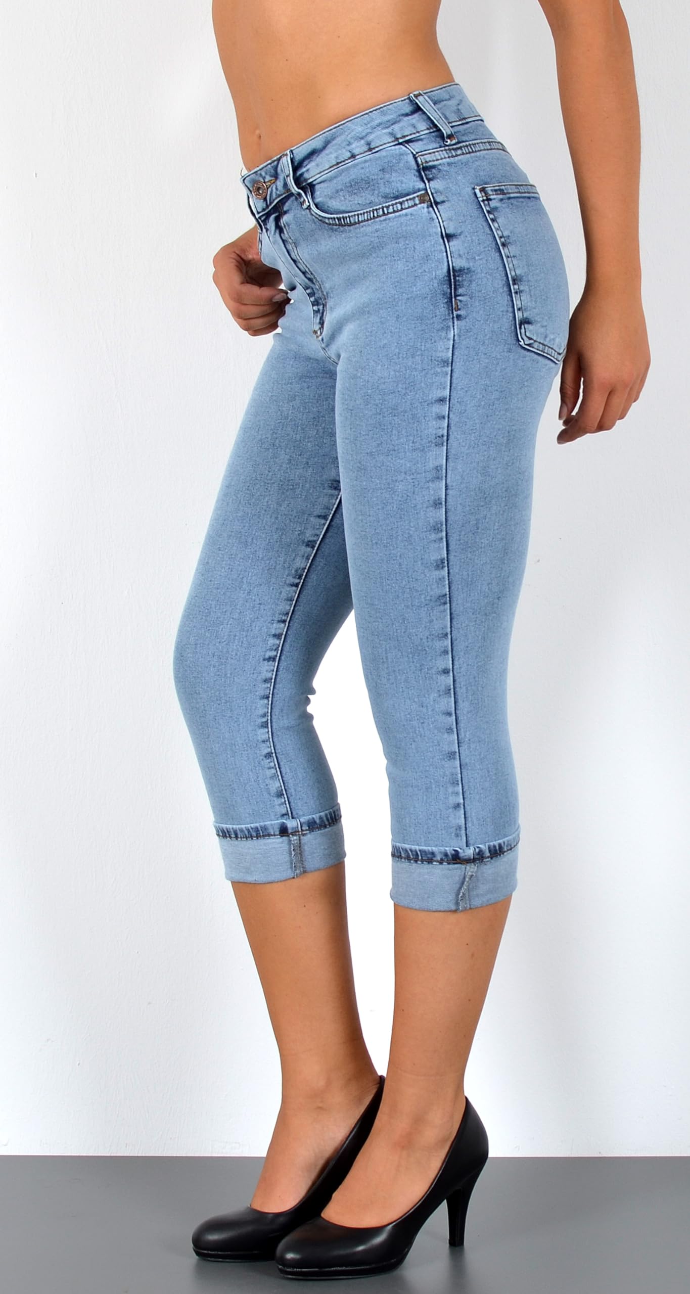 ESRA Damen Capri Jeans Hose Damen Caprihose 3/4 Jeans-Hose kurz bis Übergröße C15