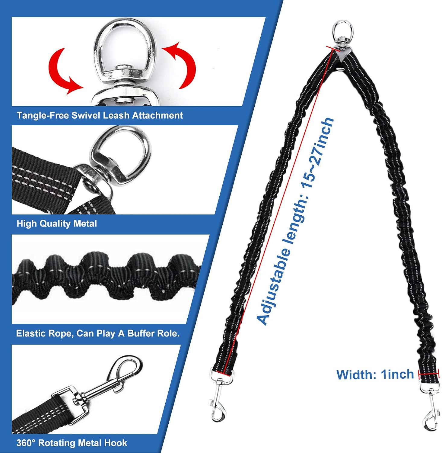 Pet Dog Double Leashes - No Tangle Dog Leash Coupler, Comfortable Shock Absorbing Reflective Bungee Lead for Nighttime Safety, Dual Dog Training Leash for Small, Medium & Large Dogs (Black)