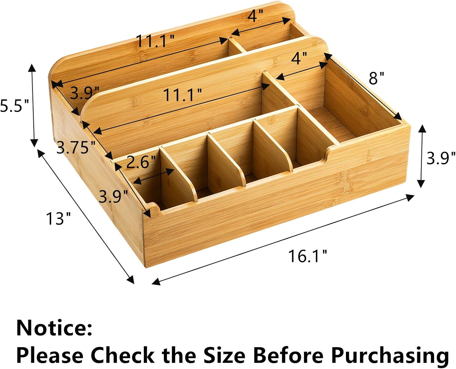 Frcctre Bamboo Utensil Caddy Organizer, 8 Compartments Large Paper Plate Holder, Adjustable Utensil Holder Silverware Cutlery Organizer for Plate Cup Fork Spoon Napkin, 16" L x 13" W x 5.5" H