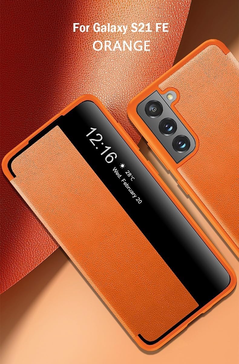 Smart Case Compatible with Samsung Galaxy S21 FE, Translucent View Window Ultra Slim Leather Protective Case for Samsung Galaxy S21 FE（Orange）