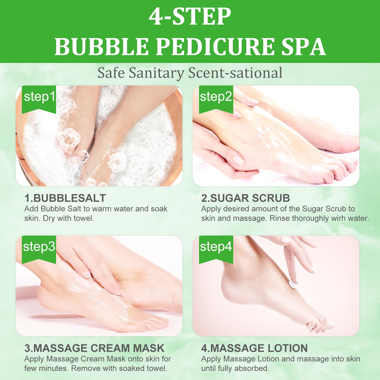 Kit de trempage des pieds : sel bulle, gommage au sucre, masque de massage, lotion de massage dans une boîte, kit spa 4 étapes pour pieds secs, adoucit les callosités, pieds fatigués (3