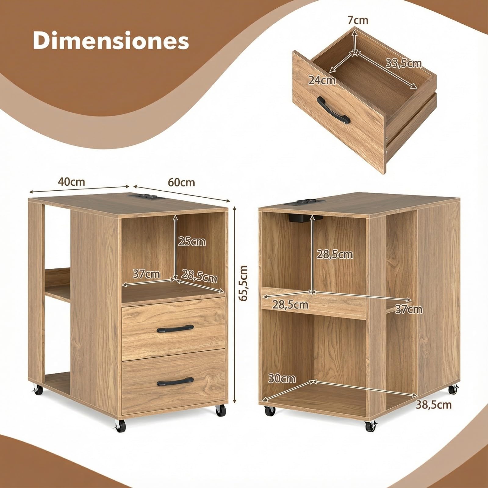 GYMAX Mesita de Noche con Estación de Carga, Mesita Auxiliar con Ruedas, 2 Cajones, Compartimento Abierto y Estantes Traseros, Mueble Moderno para Salón, Dormitorio, Despacho, 60x40x65,5 cm (Natural)