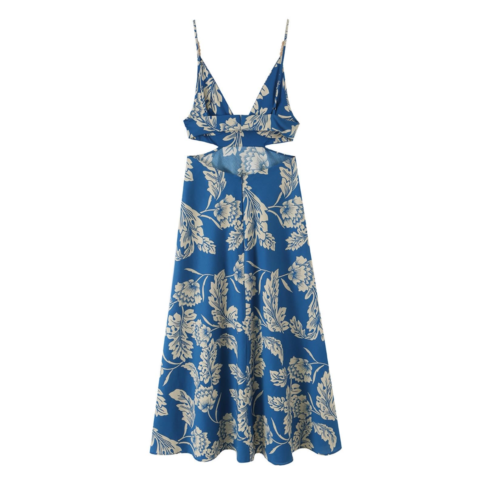 Vestido Largo Verano Mujer Vestido Midi Azul con Estampado Floral, Escote En V Profundo Y Tirantes Finos, Ideal para Vacaciones De Verano.
