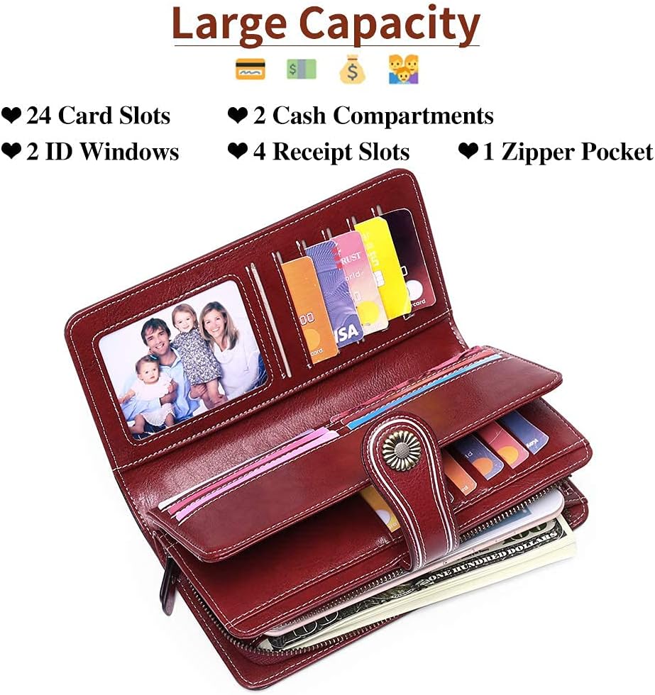 Stylish Genuine Leather Wallet for Women Clutch with Strap 24 Card Slots 2 ID Windows Cash Compartments 1 Zipper Pocket Credit Card HolderRFID BLOCKINgGift Box Includeded
