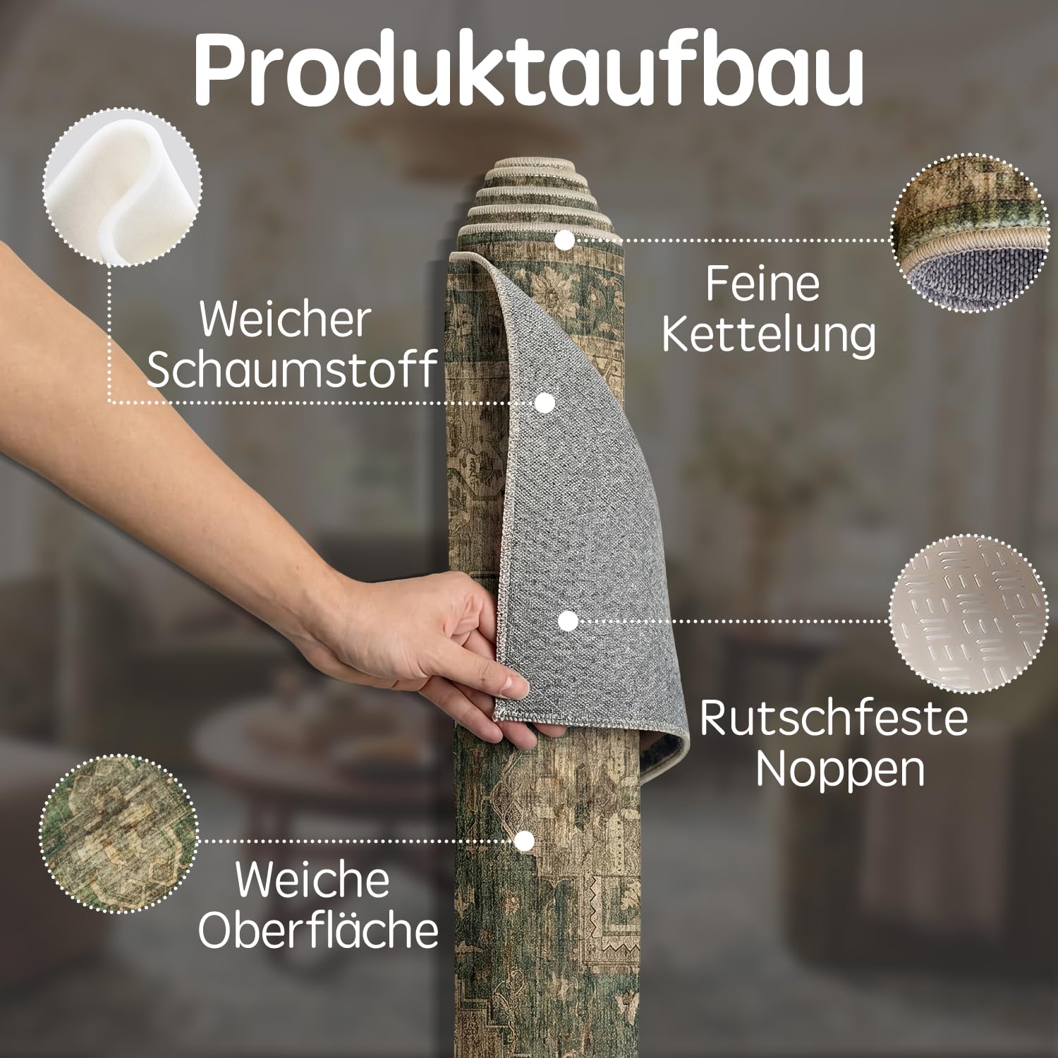 Vintage Waschbarer Teppich Wohnzimmer Dunkelgrün ⌀160 cm