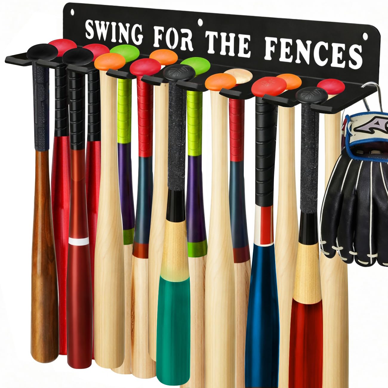 Photo 1 of Conwithna Baseball Softball Bat Holder Storage Rack Organizer Hanger Hook Home Field Hanging Fence Holds 14 Bats Wall Mount Equipment Sports Carabiners Included Metal