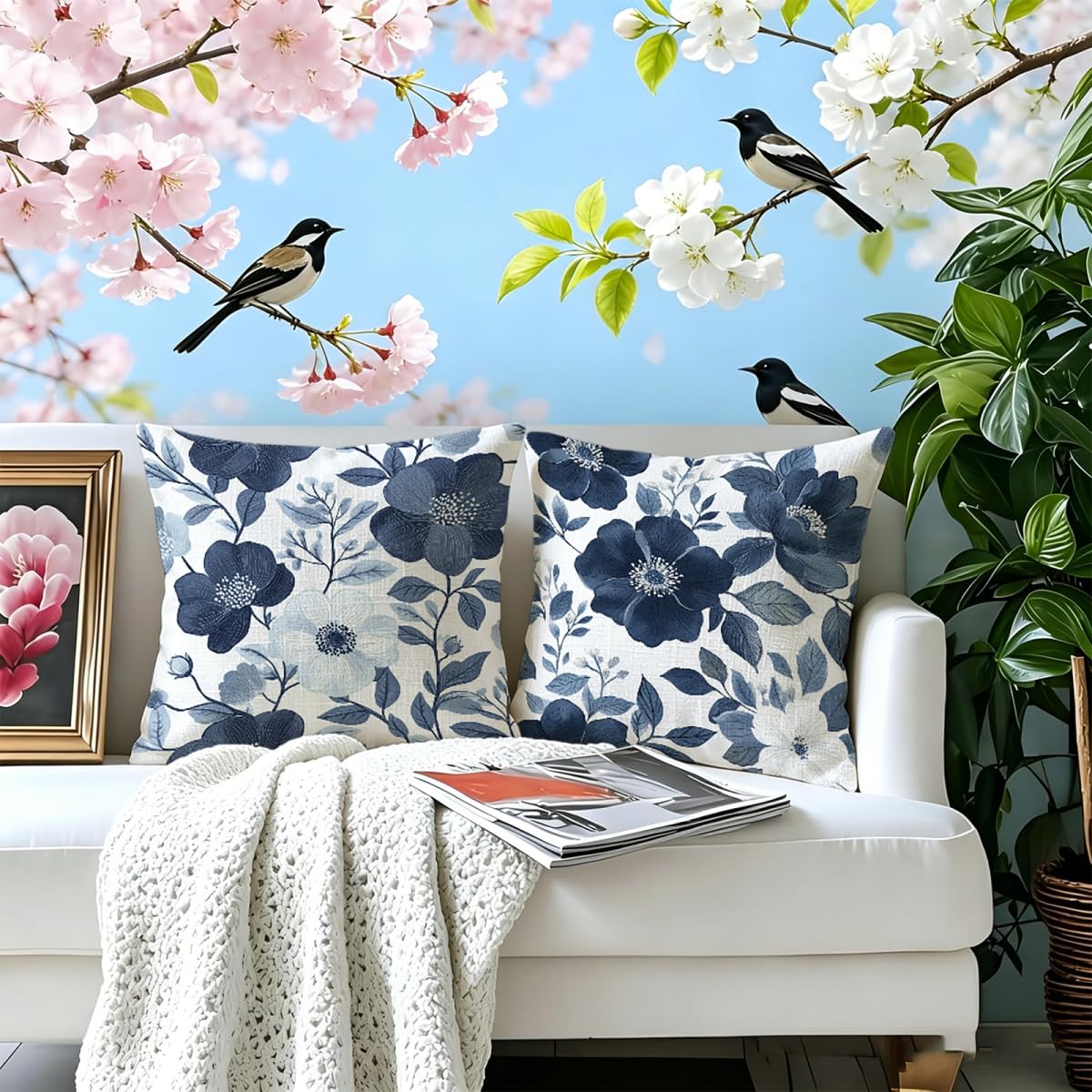 Cuscino Divano 75x75cm Set di 2, blu Semplice Lino Cuscini per Divano
