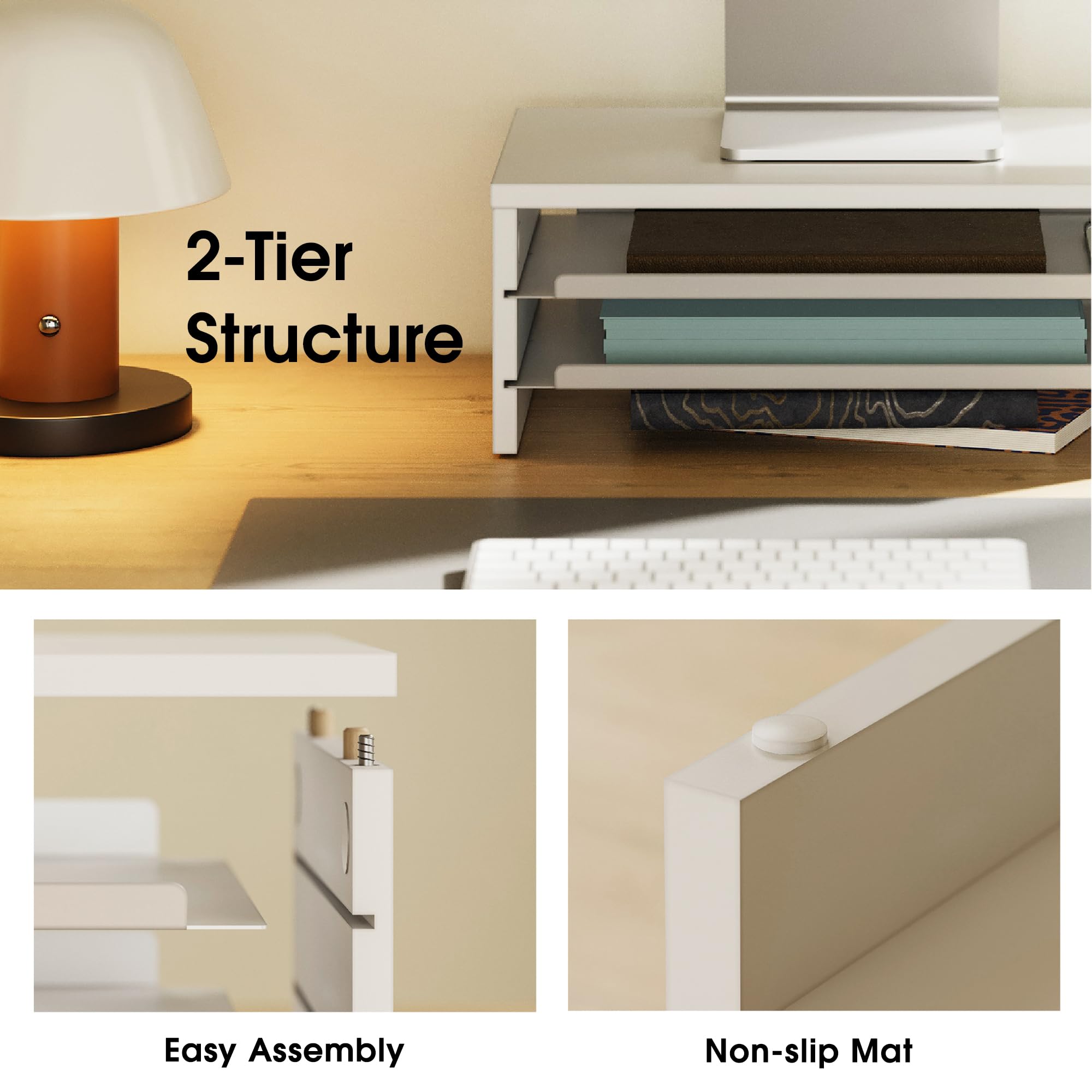 Fenge Support Moniteur Réhausseur d'Écran en Bois et Métal avec Plateau, 36,4x23,5x13,4 cm Blanc