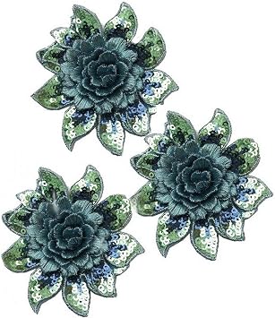 Applique Patch 3D Flower Gold Sequin Crystal Embroidered Lace Fabric Sew On Wedding Dress Cloth Accessory Blue