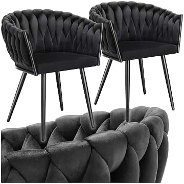 TecTake® Juego De Sillas de Comedor, Silla Acolchada con Reposabrazos, Diseño Anudado, Estructura de Acero, Cocina, Sillas Comedor Nordica - 2 Sillas Negro