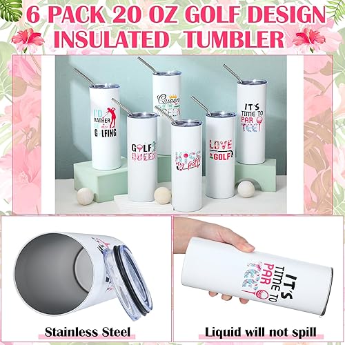 Miniatura 6 de Skylety 6 juegos de regalos para amantes del golf para mujeres, golfistas, vaso de acero inoxidable de 20 onzas con tapa, popote y cepillo,