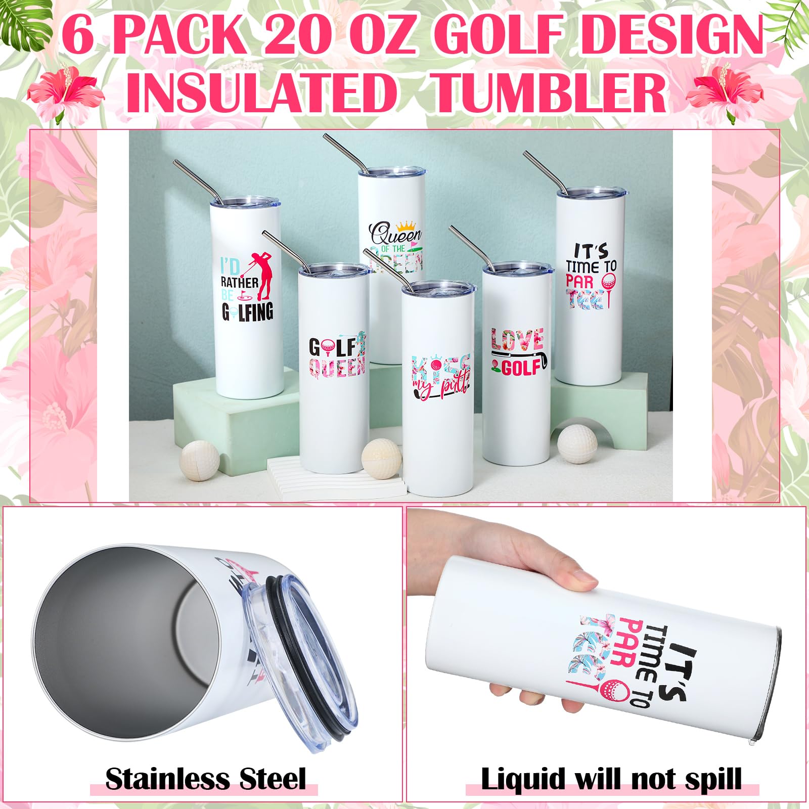 Skylety 6 juegos de regalos de golf para mujer, vasos de golf aislados de 20 onzas, vasos de golf de acero inoxidable para golfistas, accesorios divertidos para golfistas con tapa, popote y cepillo
