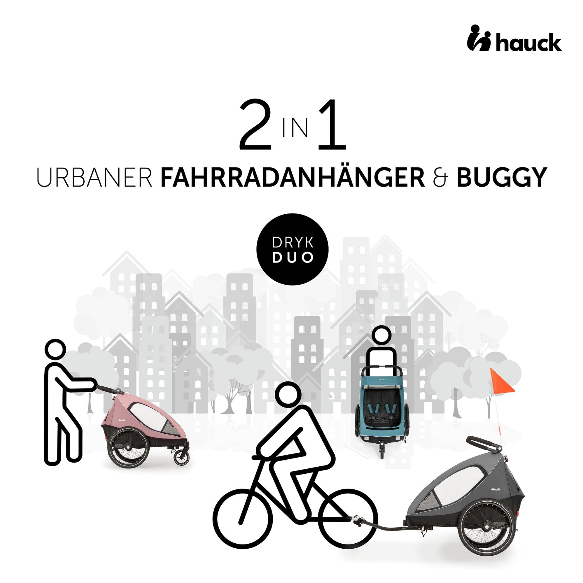 hauck 2in1 Fahrradanhänger Dryk Duo Set inkl. Baby Lounger | Zwillingsanhänger und Kinderwagen für 2 Kinder | faltbar & gefedert, XL Luftreifen