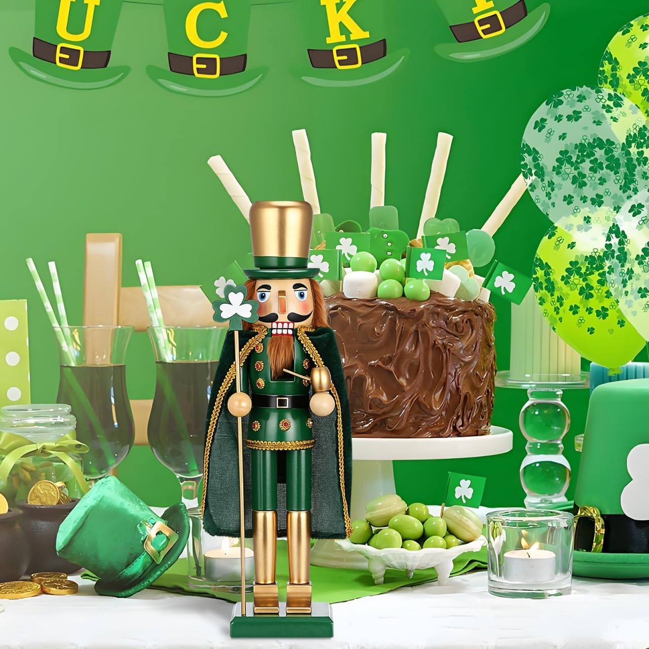 Cabilock 15Inch Christmas Nutcracker Soldier Figure Wooden Irish Shamrock Decor St. Patricks Day Ornaments, Hand-Painted Lucky Irish Cape Nutcracker Festive Ornament for Christmas Desktop Home Decor
