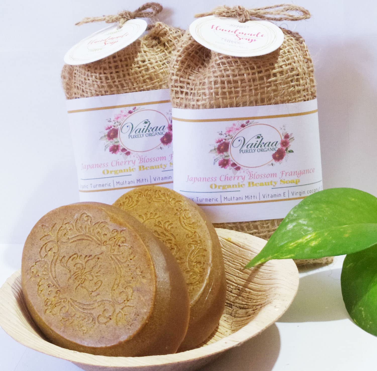 Whitetag; Vaikaa Organic Bath Soap, Turmeric powder, Multani metti, Vitamin E and Virgin coconut oil |Japaness Cherry Blossom| anti-aging & anti- allergitic, pkt of 4 soaps