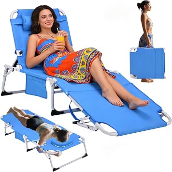 3-in-1 Heavy Duty Tanning Chair with Face Hole Adjustable 5-Position Folding Chaise Lounge Chairs Portable Lay Flat Beach Lounge Chair for Outdoor Sunbathing Patio Pool Lawn Camping Deck Blue