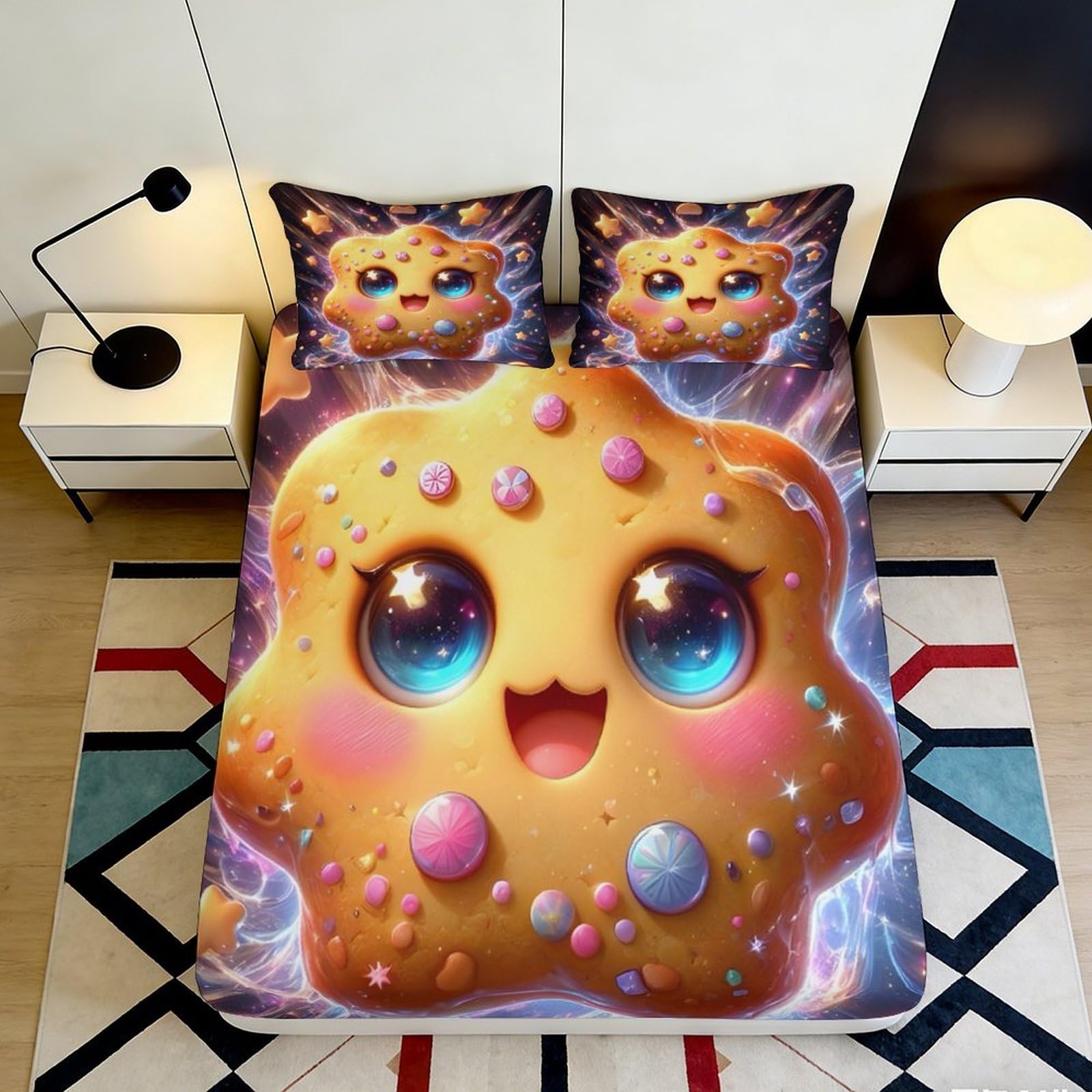 3D Printed Cute Cookie Fitted Sheet Microfiber Soft Colorful Cartoon Star Mattress Cover Bedroom Dorm Decor 90x200x25cm