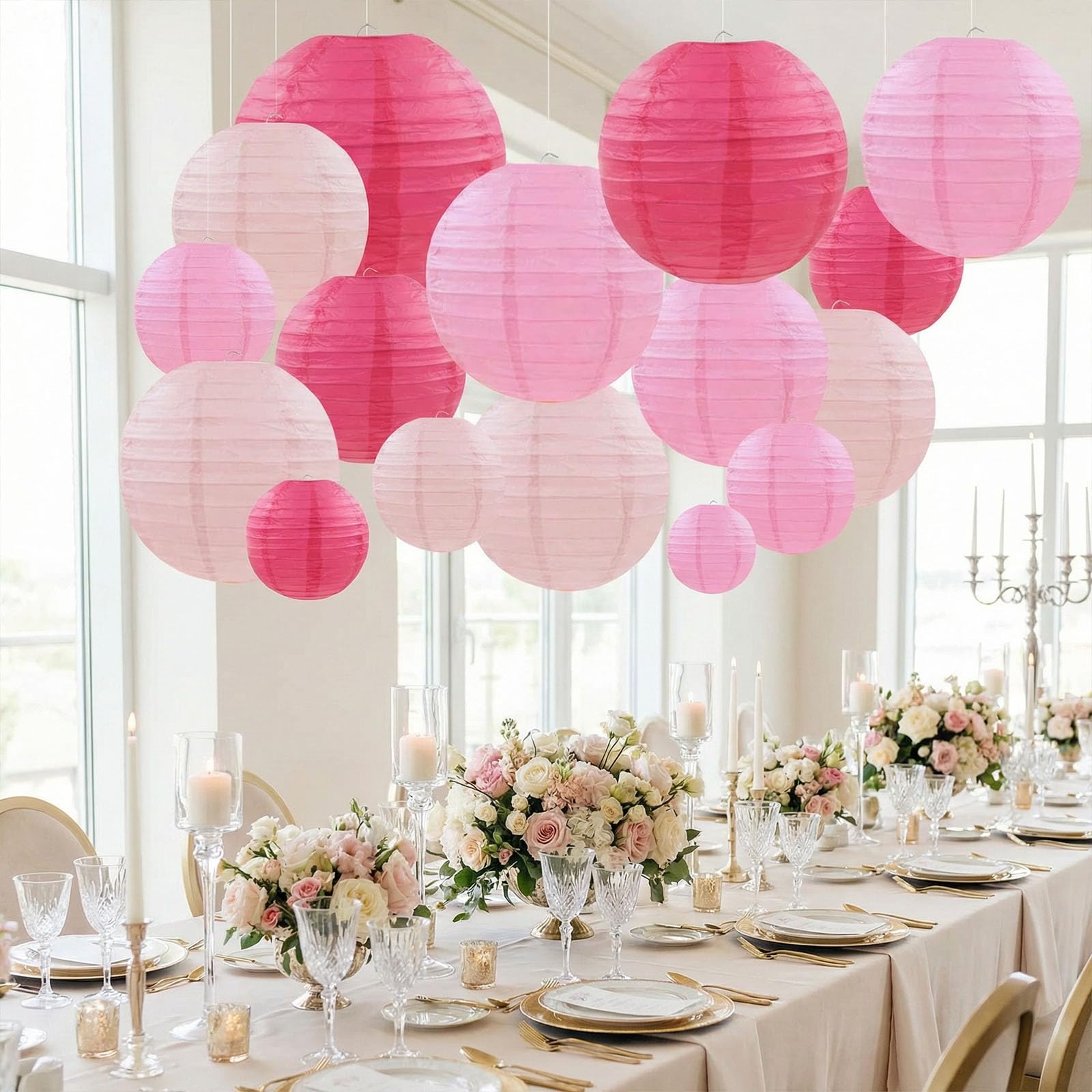 18 lanterne di carta rosa, rotonde decorative con filo da pesca, lanterne di carta da appendere per feste di compleanno, decorazioni in giardino, decorazioni per matrimoni da sposa
