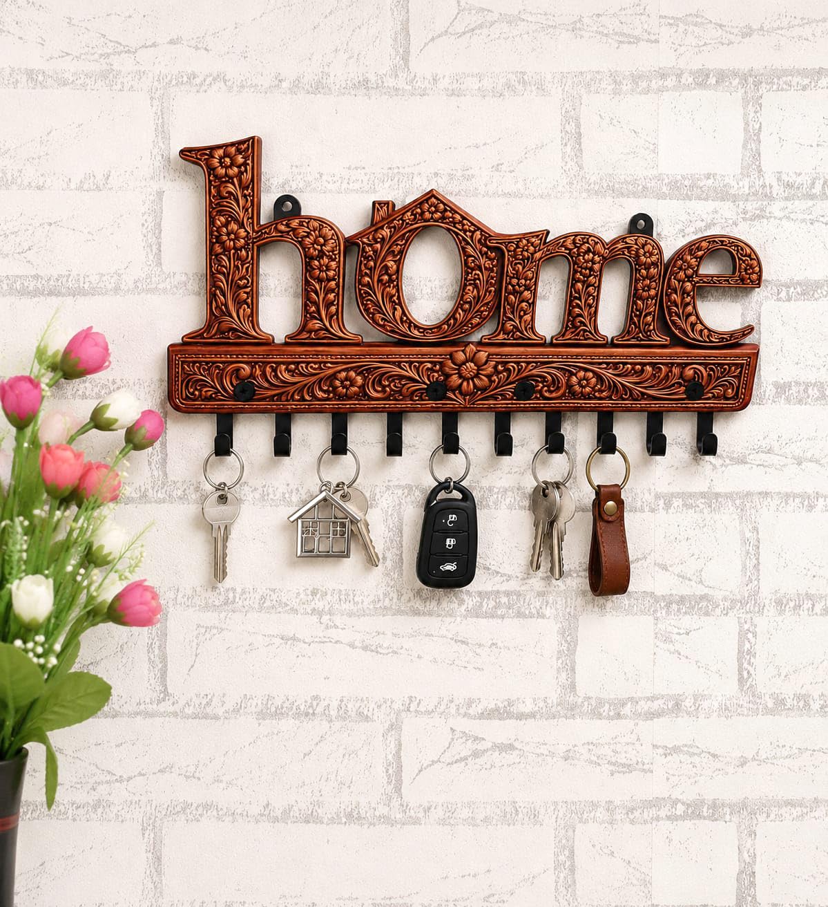 Regalo Casila Home Key Holder for Wall with 10 Hooks | Decorative Wooden MDF Key Hanger Organizer for Entryway, Hallway, Living Room & Office Wall Décor-image-23
