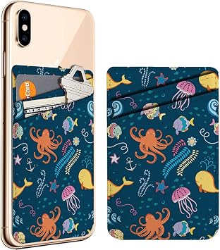 Pack of 2, Leather Cell Phone Wallet Marine World Fish Pattern Adhesive Card Holder Sleeves Credit Business ID Cards Pocket Wallets Stick on Back of Phone or Phone case
