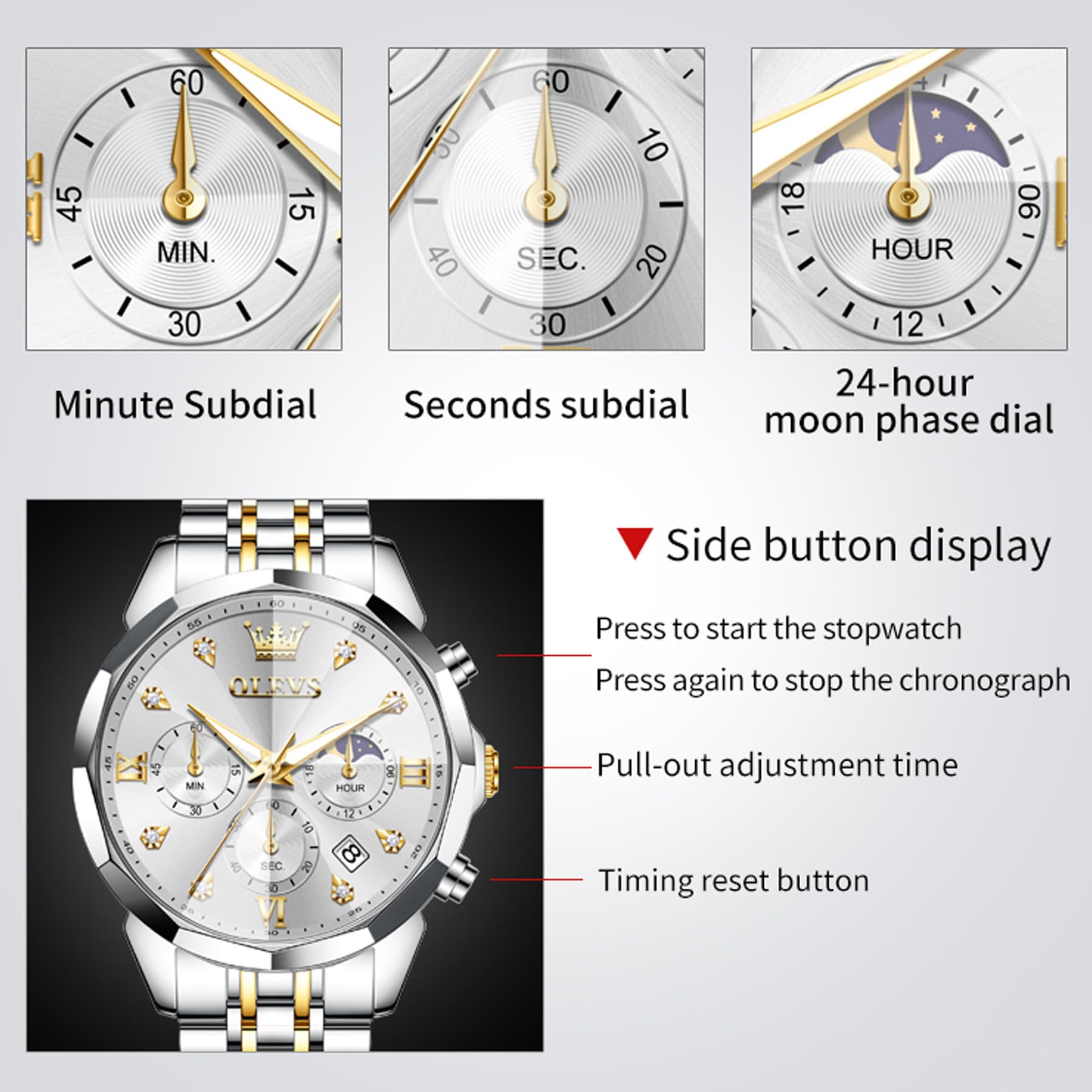 OLEVS Reloj para Hombre, cronógrafo Multifuncional con 4 subesferas, manecillas Luminosas, Fecha, Resistente al Agua hasta 3 ATM, Correa de Acero Inoxidable, Reloj de Cuarzo para Vestir de Negocios