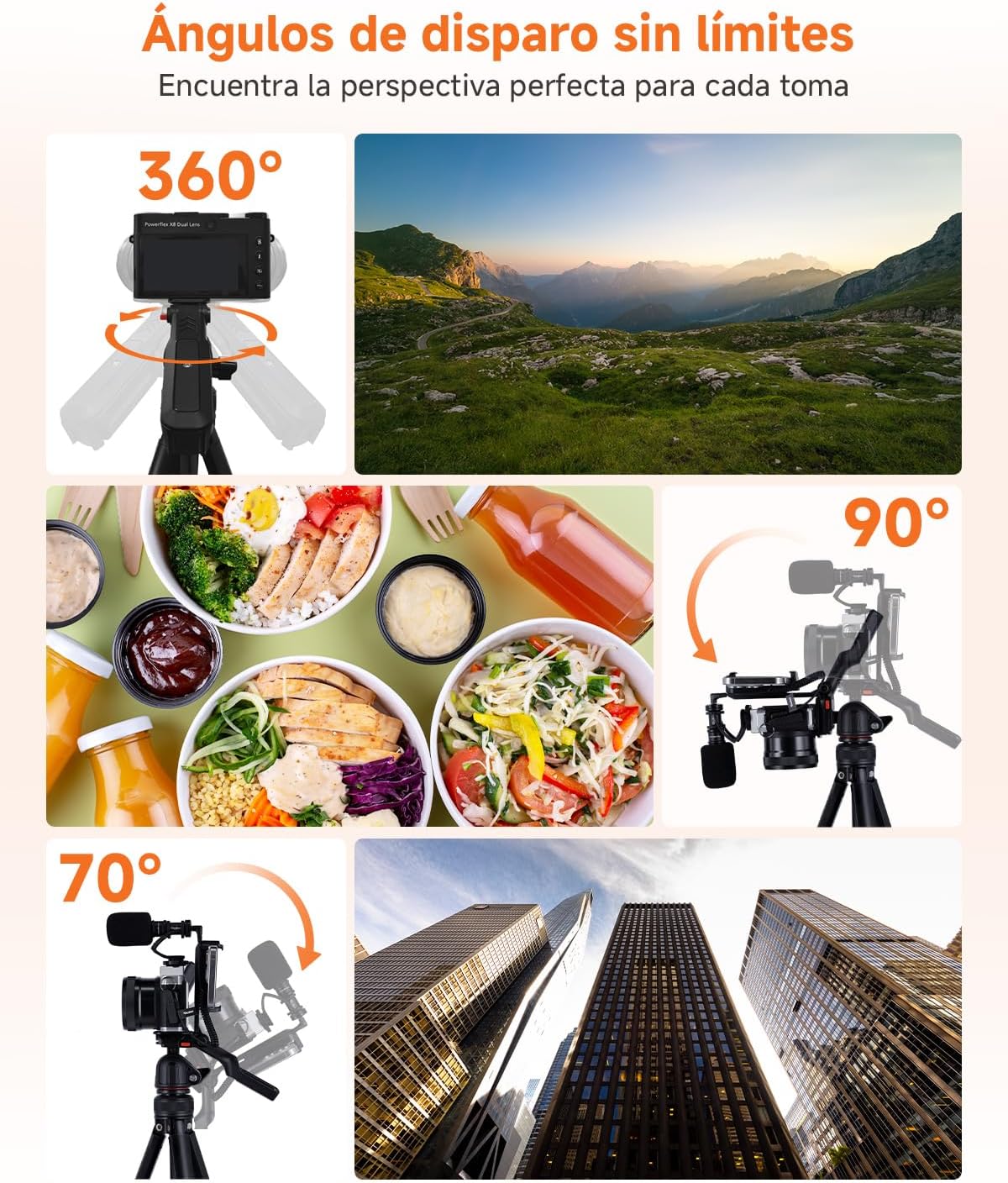 Illustrations of 360 degree rotation, 90 degree tilt, and 70 degree tilt for various shooting angles