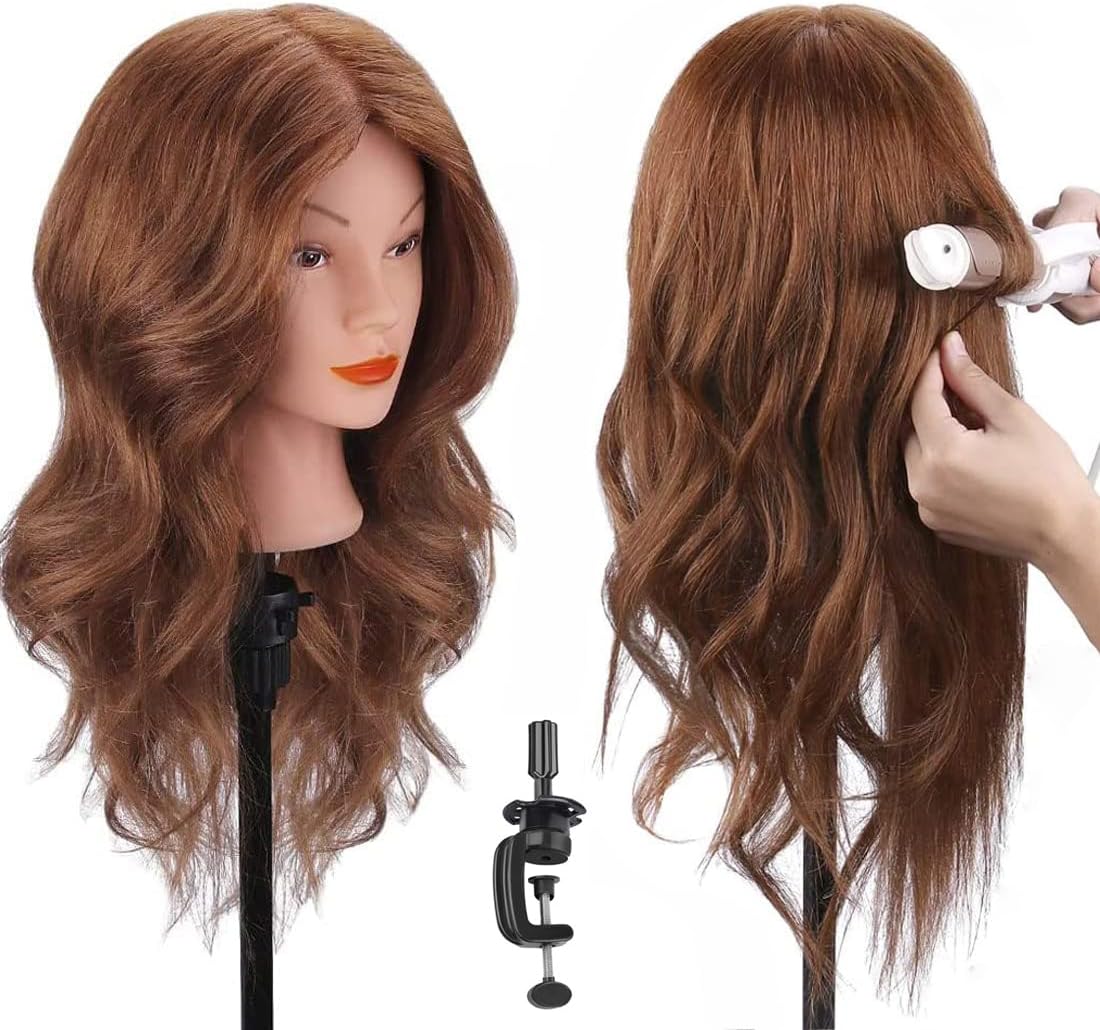 Mannequin Head with 100% Human Hair, SZCY LLC 18" Dark Brown Real Hair Cosmetology Mannequin Head Hair Styling Hairdressing Practice Training Doll Heads with Clamp Holder