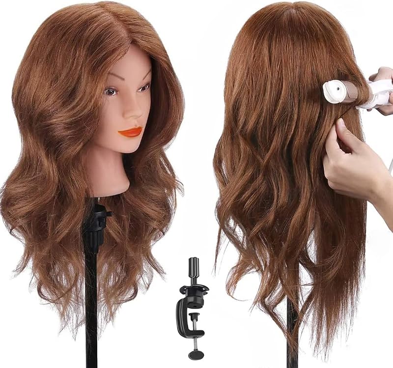 Mannequin Head with 100% Human Hair, SZCY LLC 18" Dark Brown Real Hair Cosmetology Mannequin Head Hair Styling Hairdressing Practice Training Doll Heads with Clamp Holder