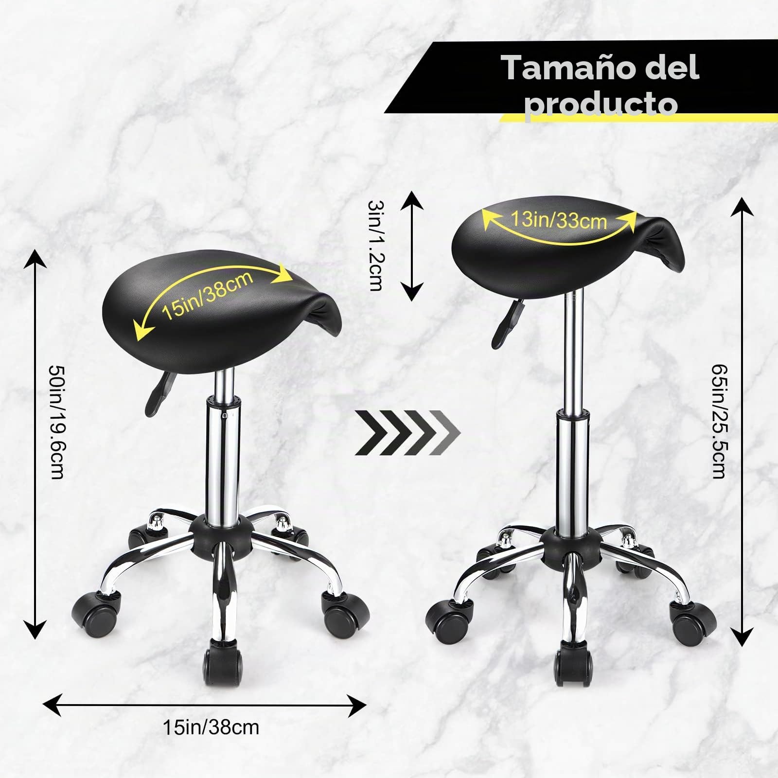 Taburete Giratorio con Ruedas, Piel sintética, Altura Ajustable, Color Negro
