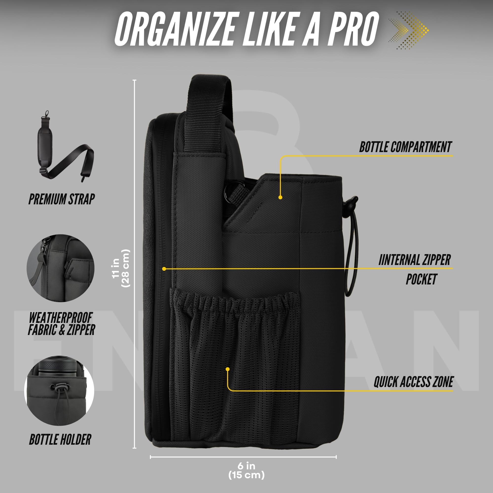 Borsa sportiva magnetica, portaborraccia 1,5L, tasca telefono, tracolla uomo donna, moschettone chiavi, marsupio fitness, palestra, muscolazione, Nero