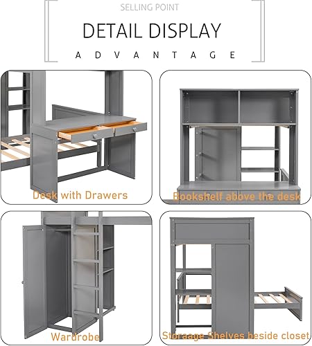Miniatura 6 de Literas de tamaño individual sobre individual con escritorio y cajones cama alta de madera de tamaño individual con cama individual extraíble
