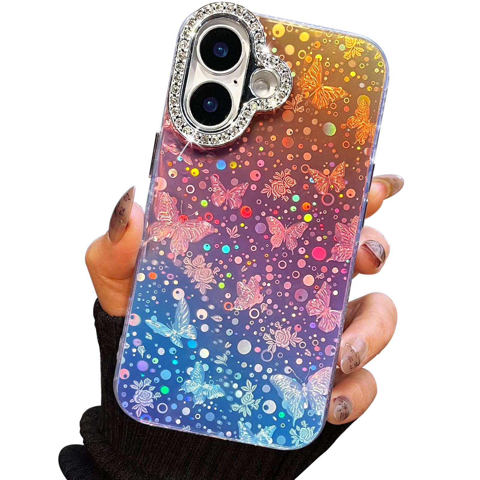 I-MGAE-IN-AR Compact Case for iPhone 16 Butterfly Design,3D Diamond Camera Lens Protection Frame,Cute Soft Slim TPU Shockproof Protective Phone Cases