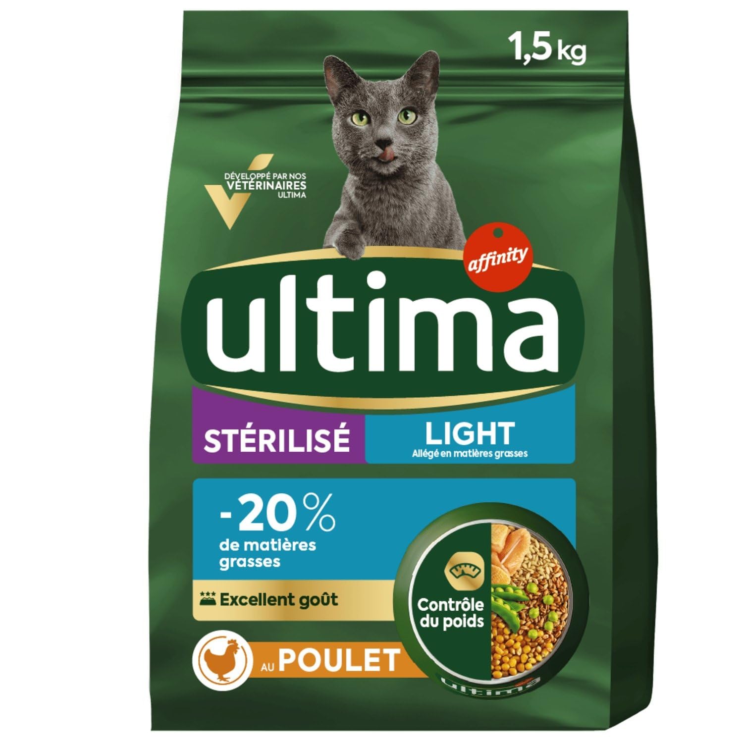 générique Ultima – Croquettes Light pour Chats Adultes Stérilisés, Saveur Poulet Tendre (Sac 1.5kg) - Lot de 3 - Vendu par Lot
