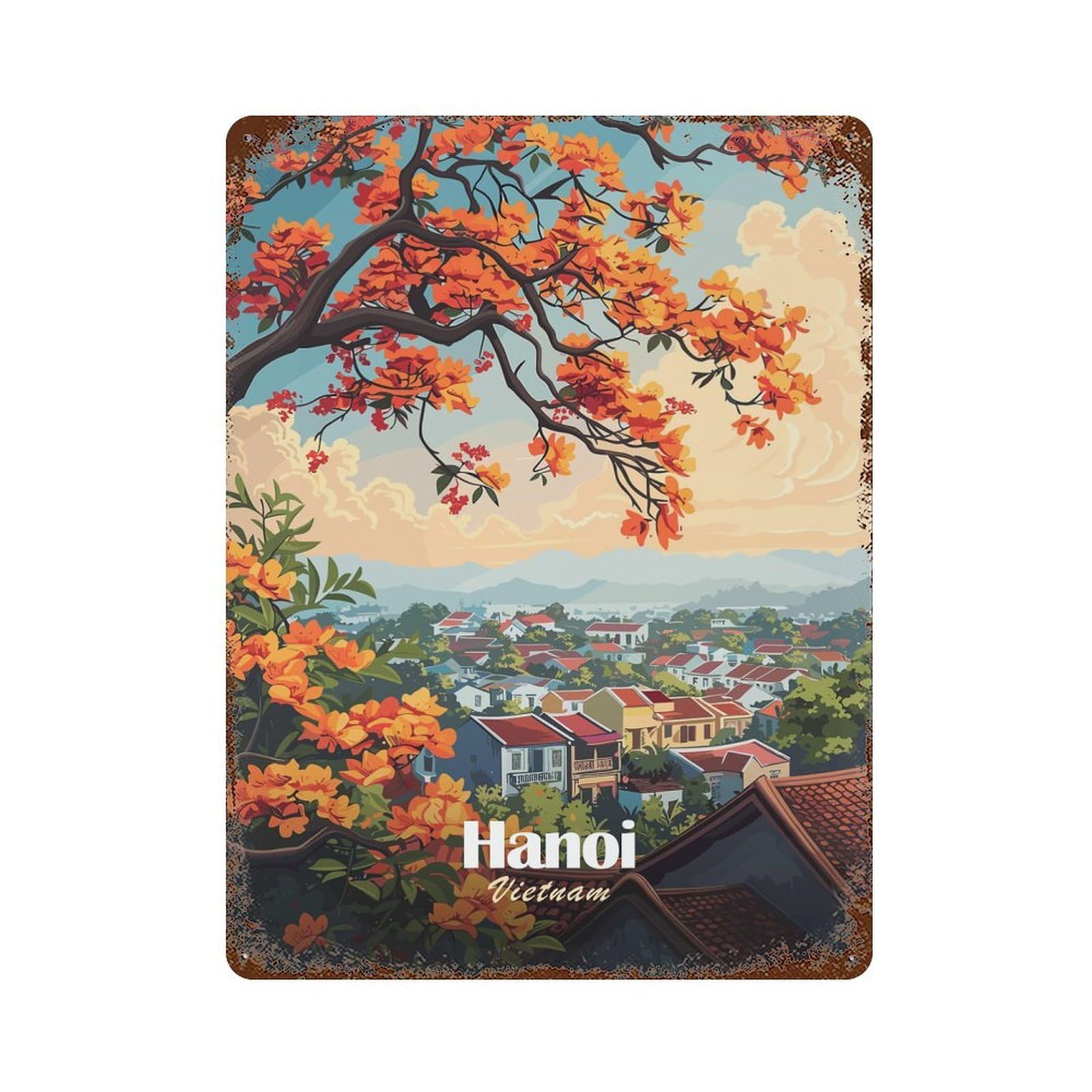 Hanoi, Vietnam Cityscape with Orange Flowers Retro Metal Sign 15.7"x11.8", Shabby Chic Decor for Garage, Pub Or Kitchen