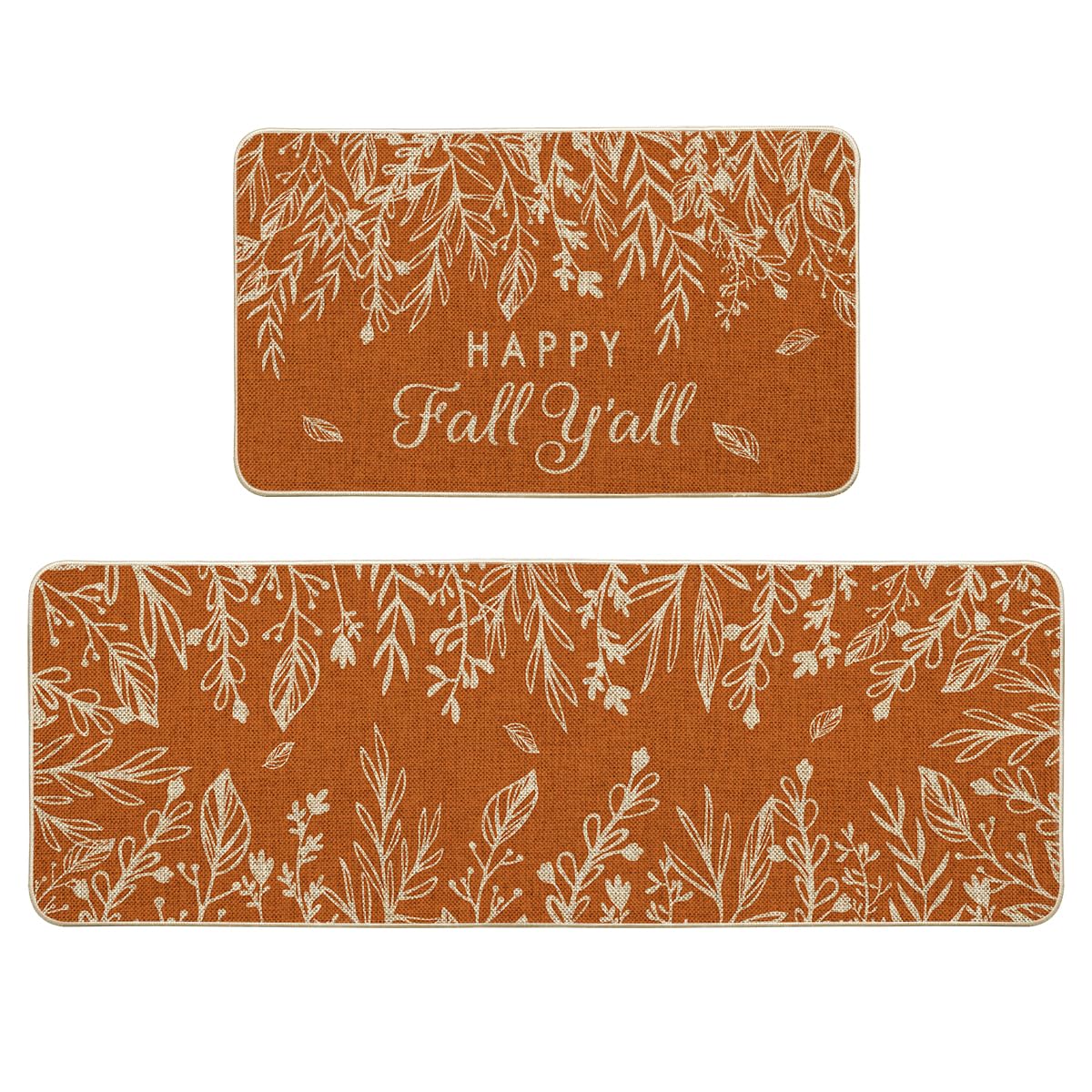 Artoid Mode Orange Hello Pumpkin Eucalyptus Fall Kitchen Mats Set of 2, Thanksgiving Home Decor Low-Profile Kitchen Rugs for Floor - 17x29 and 17x47