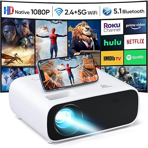 Projector with WiFi and Bluetooth, Native 1080P Portable Projector, 500 ANSI Outdoor Mini Projector Home Theater, Compatible with HDMI/USB/AV/Smartphone/TV Box/Laptop