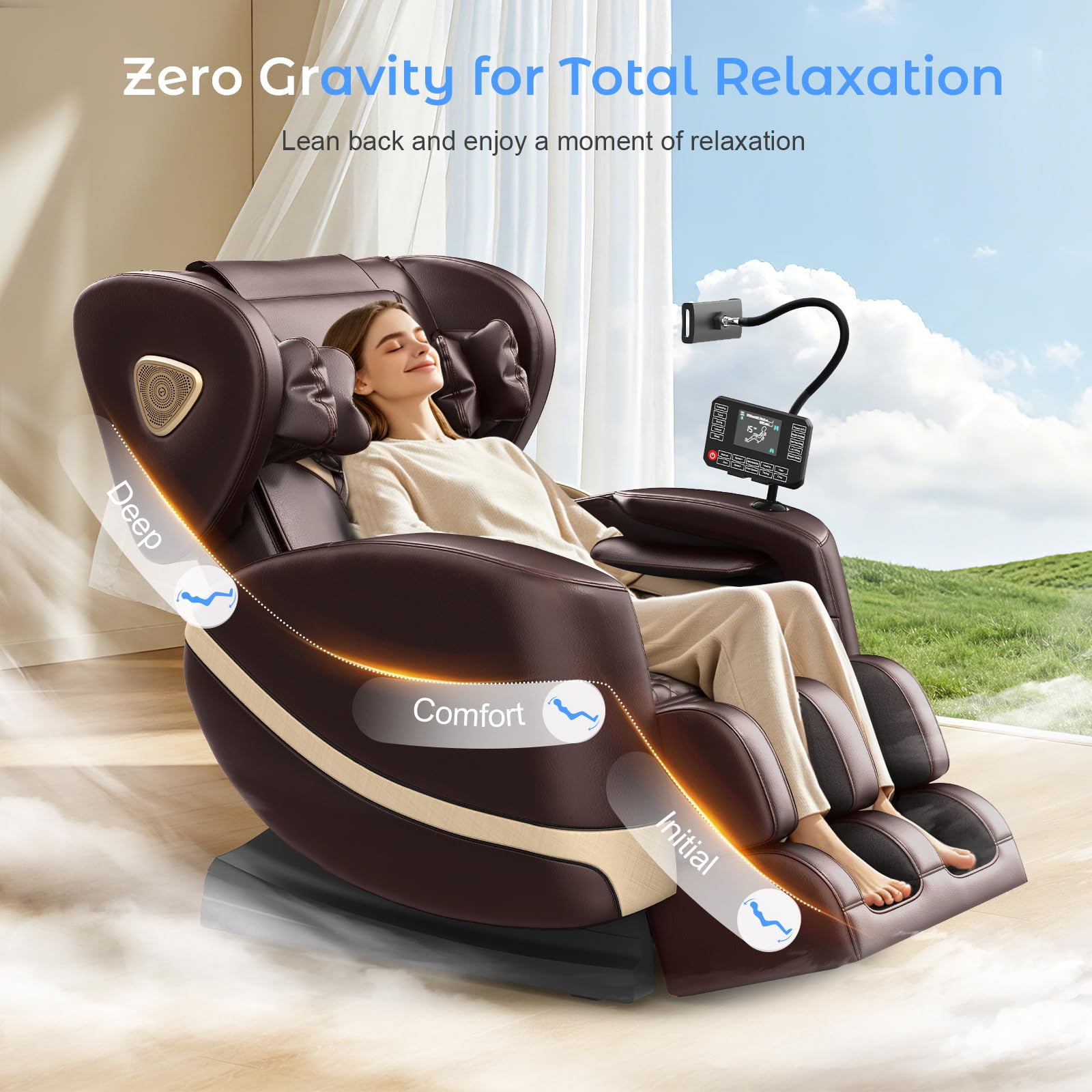 Poltrona Massaggiante per Tutto il Corpo con Rulli e Airbag, Funzione Zero Gravity, Altoparlanti Bluetooth e Touchscreen, Funzione Riscaldante per Vita e Gambe, con Massaggio Plantare (Marrone)