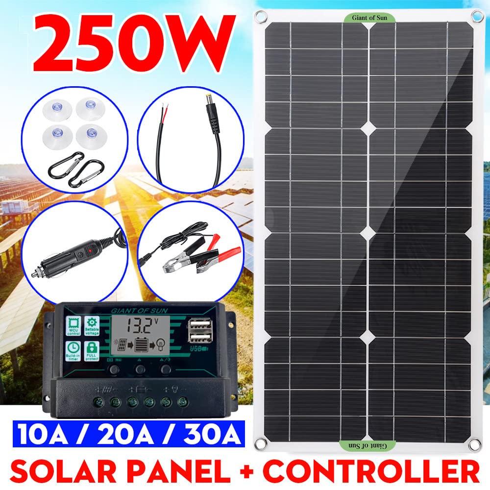 Jednokrystaliczny panel słoneczny o wysokiej wydajności 250 W, 18 V, uniwersalna i przenośna monokrystaliczna ładowarka solarna do ładowania akumulatora samochodowego RV (panel słoneczny z kontrolerem