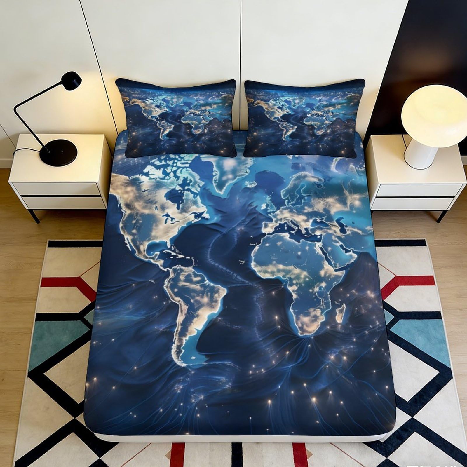3D Printed World Map Fitted Sheet Microfiber Deep Pocket Non-Slip Bedroom Bedding Set Earth Mattress Fitted Cover Washable 180x200x25cm
